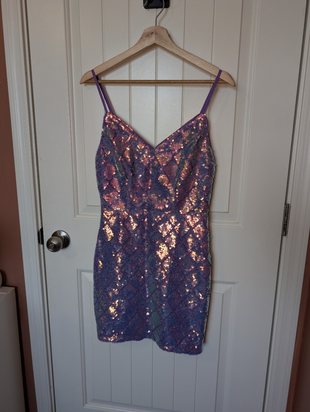 Faeriesty Sequin Diamond Patterned Mini Prom Dress Small Purple/Pink